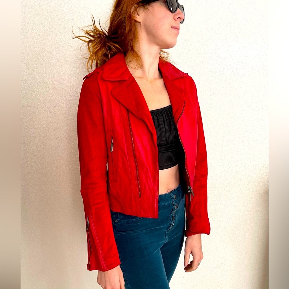 Zac Posen Red Leather Bomber Jacket-Small